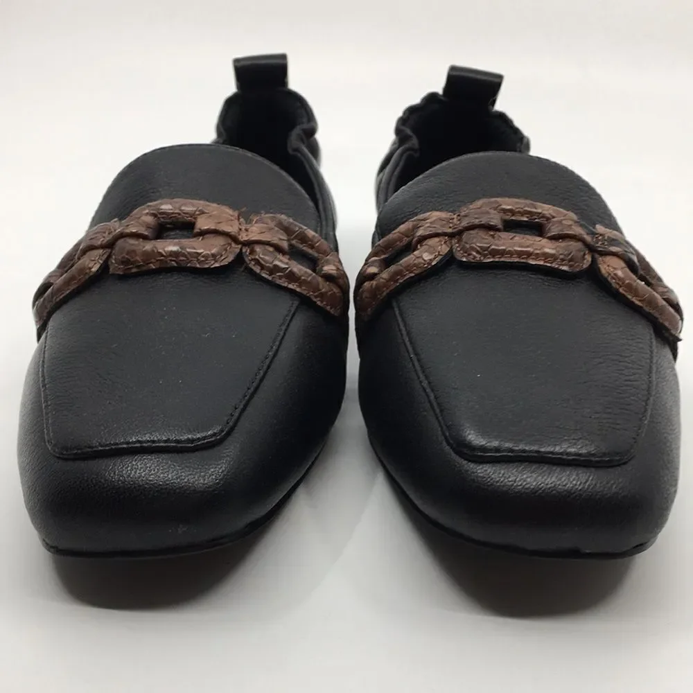 Sanctuary Blast Chain Leather Loafer Flats Sz 6 Black Pebble Brown Snakeskin